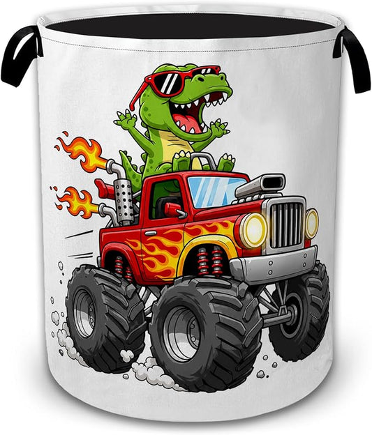 Dinosaur Truck Laundry Basket with Handles, Foldable Tall Oxford Clothes Hamper, Lightweight Water-Resistant Storage Bin for Bedroom Bathroom College Dorm, 16 x 20.8 Inch