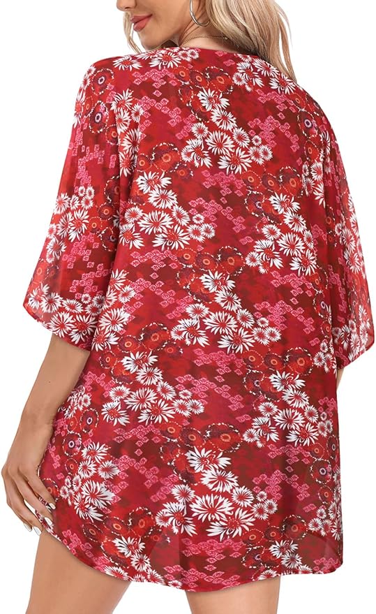 Women Kimono Cardigans Summer Cover Up Hawaiian Shirts Floral Print Tops | ROSEMIA chiffon kimono open front cardigans, beach cover ups, daily casual tops, cruise outfits, summer resort wear