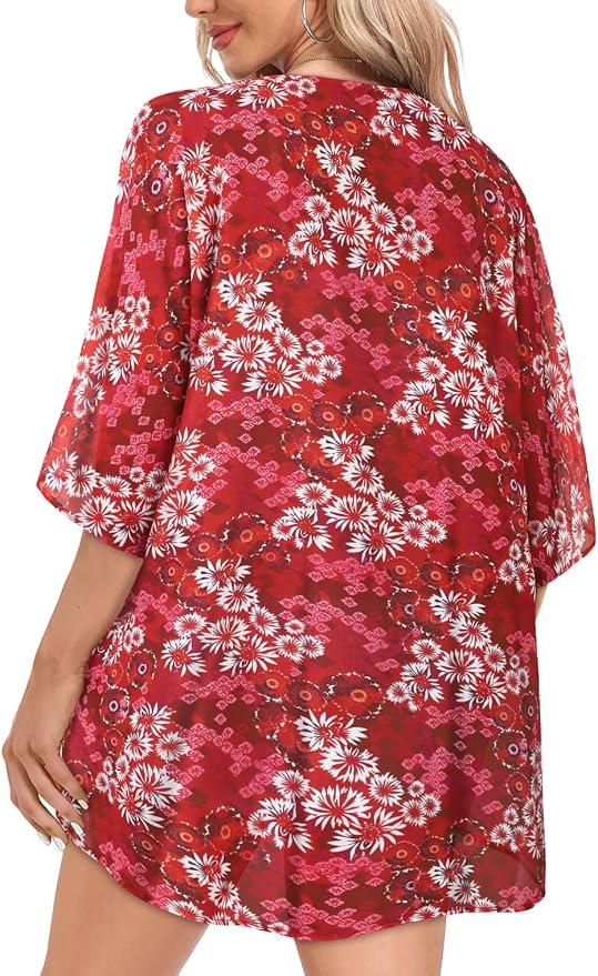Women Kimono Cardigans Summer Cover Up Hawaiian Shirts Floral Print Tops | ROSEMIA chiffon kimono open front cardigans, beach cover ups, daily casual tops, cruise outfits, summer resort wear