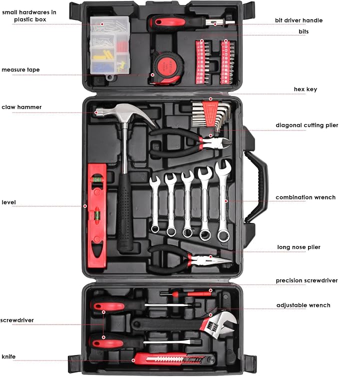 TLGREEN 147-Piece Small Tool Kit with Storage Case, Red | Home Repair Tool Kit with Screwdrivers, Wrench, Pliers And Utility Knife; Maintenance And Roadside Tasks in One Case