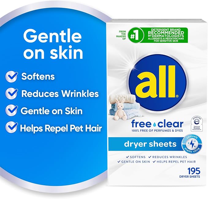 all free clear Fabric Softener Dryer Sheets for Sensitive Skin, 195 Count, Hypoallergenic, Unscented, Dye Free, Controls Static Cling, Reduces Wrinkles, Dermatologist Tested, HE Safe