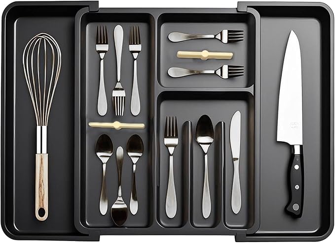 Silverware Organizer, Expandable Cutlery Drawer Organizer Utensil Tray for Home and Kitchen, Upgrade Adjustable Plastic Storage Flatware Holder for Forks, Spoons and Knives Large Black