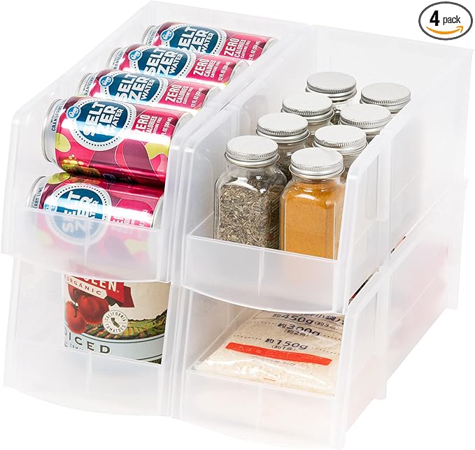 IRIS USA 4-Pack, Large Plastic Stackable Storage Bin Organizer, Clear | Store snacks, cans, coffee pods, and household essentials with clear visibility and open access