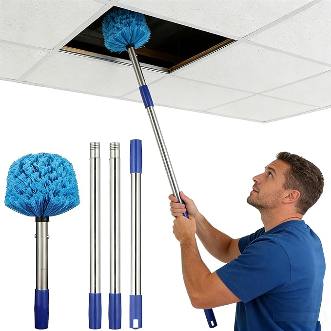 Cobweb Duster with Extension Pole, 8 FT Stainless Steel Pole with Spider Web Brush Head Ceiling Fan Duster for Outdoor Indoor Cleaning, Reach UP to 14-16 FT