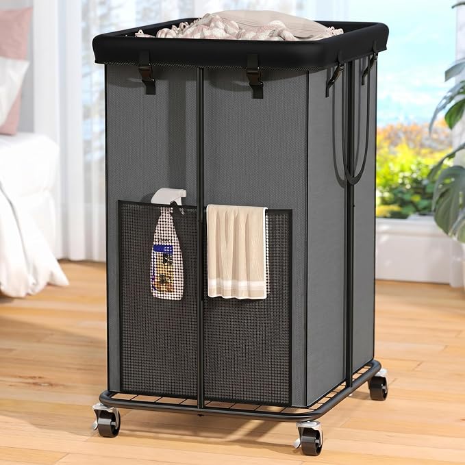 Laundry Hamper with Wheels, 150L Rolling Laundry Basket with Bag & Handles | Sturdy Metal Frame | Removable Bag | Large & Tall Dirty Clothes Hampers for Laundry Room, Bedroom, Dorm, Bathroom-Grey
