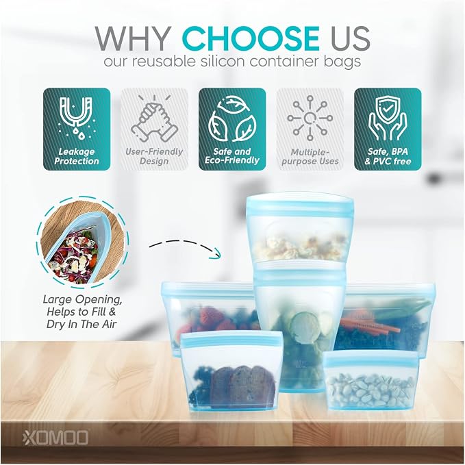 Reusable food container silicone bag, Full Set 6, 2 Cups, 2 Dishes, 2 Bags Zip Containers Storage, 100% Silicone Reusable Food Bag, Stand Up Preservation Bag, Rounded interior for easy cleaning.