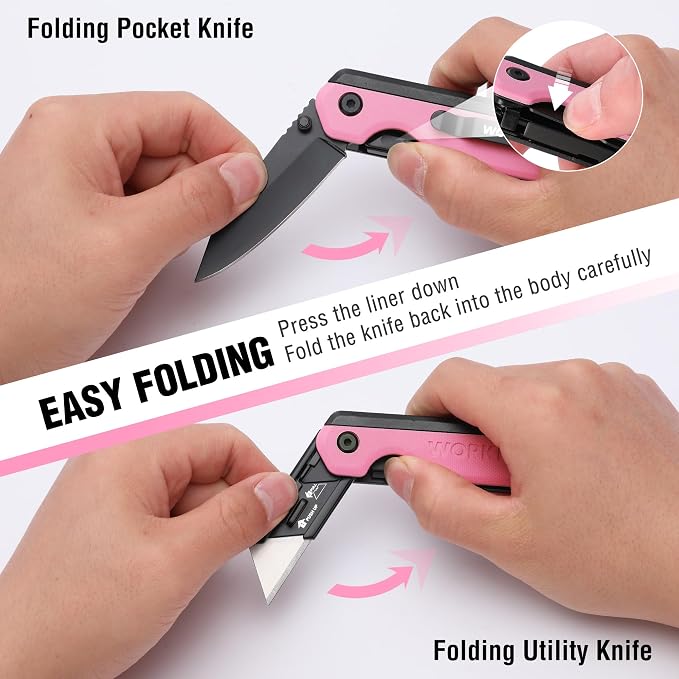 WORKPRO 2-in-1 Folding Knife/Utility Knife, Wood Handle, G10 Handle | Quick-Change Box Cutter, Liner Lock, Belt Clip, 10 SK5 Blades, Carton Cutting, Camping, Hiking, DIY Projects, Pink Ribbon