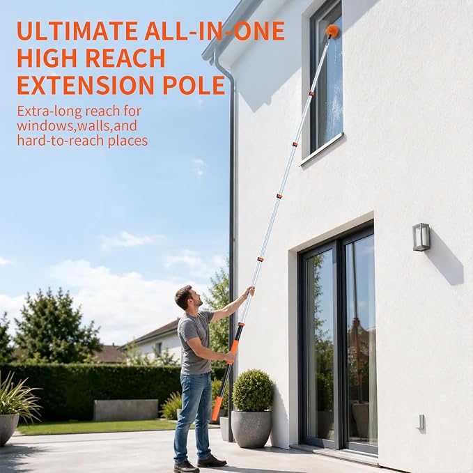 Telescoping Extension Pole 5-12 ft, Reaches 18 ft. Lightweight Aluminum Alloy with Easy Flip-Lock. for Paint Roller, Window Cleaning, Dusting & More