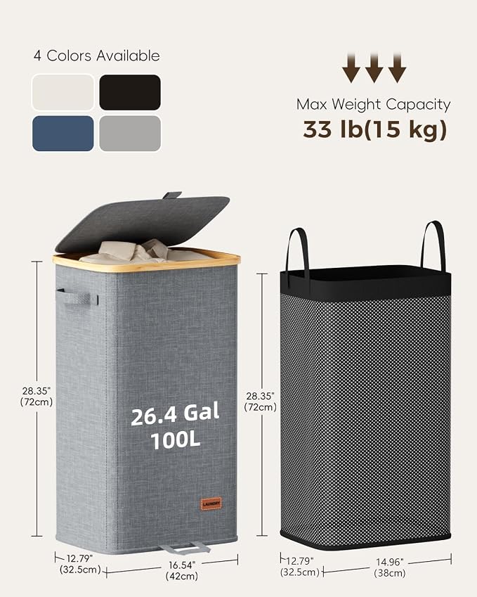100L Laundry Hamper with Lid, Tall Dirty Clothes Hamper, Grey | Elegant bamboo appearance, Foot Loop, Removable Bag Easy to Lift and Carry, Bathroom, Bedroom, Laundry Room, Dorm