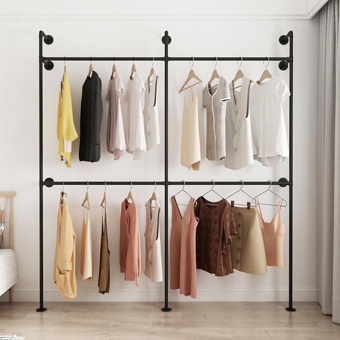 ORSENIGO Industrial Pipe Clothing Rack, Heavy Duty Metal Clothes Rack with Double Rods for Hanging Clothes, Wall Mount Space-Saving Garment Display Rack (Double, Black)