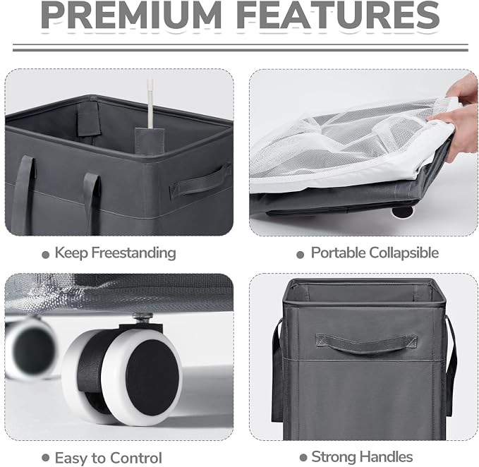 CHICVITA 100L Large Rolling Laundry Basket with Wheels & Wash Bag, Grey | Collapsible design saves space for corners and dorms. Removable wash bag for easy laundry transport