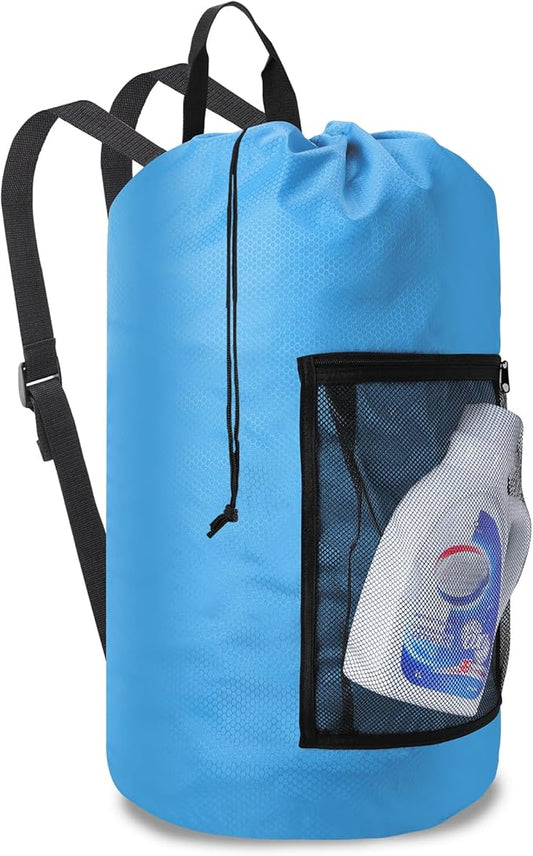 Laundry Bag Backpack Durable Laundry Bag with Shoulder Straps and Mesh Pockets Portable Laundry Hamper Dirty Clothes Bag for College, Travel, Laundromat, Apartment (Blue)