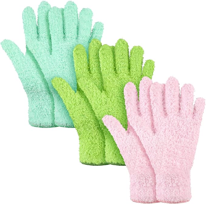 Patelai 3 Pairs Microfiber Plant Dusting Gloves Leaf Cleaning Gloves for Indoor Plants, Blinds, Furniture, House (Green Yellow,Water Blue,Pink,Small)