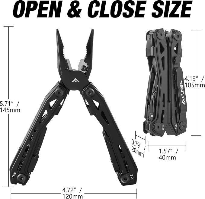 FLISSA 16-In-1 Multi Tool, EDC Multitool, Black | Gift for Men, Stainless Steel, Pocket Knife, Pliers, Belt Clip, Oxford Sheath, Safety Locking, For Camping, Outdoor