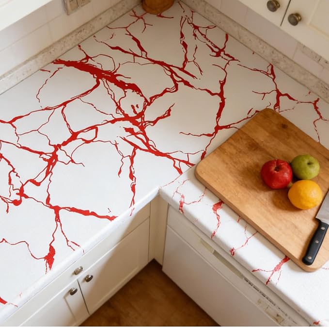 Red Marble Pattern Shelf Liner, Non-Adhesive Non-Slip Thickened Drawer Liner, Easy to Clean Contact Paper for Kitchen Cabinets, Tool Box, Refrigerator, Includes Knife & Tape Measure.17.3×236.22inch