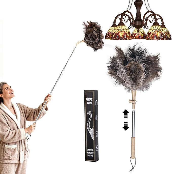 Extendable Ostrich Feather Duster, Natural Ostrich Feathers Long Handle Duster for Cleaning, 47” Soft & Fluffy Feather Duster for High Ceilings, Fans, Walls, Furniture, Home Dusting(A11-Ivory)