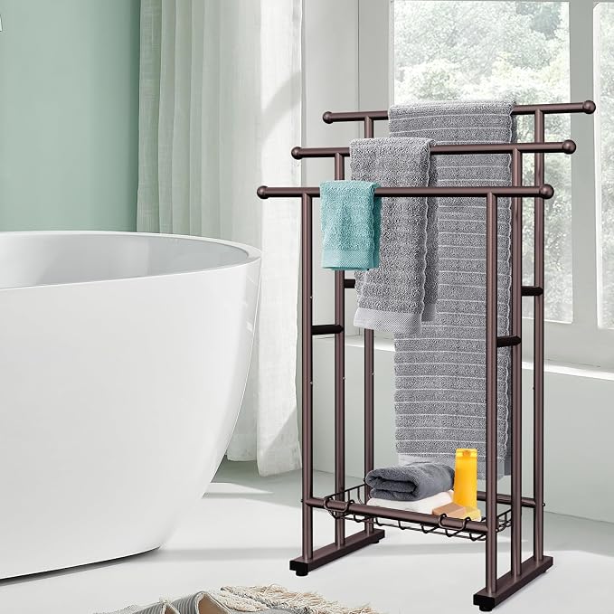 Kayfia 40'' Freestanding 3 Tier Alloy Steel Towel Rack with Storage Basket | Dual-Use Drying & Display Rack, Holds Oversized Bath Towels & Blankets, Fits Bathroom, Tub, Shower, Poolside, Bronze