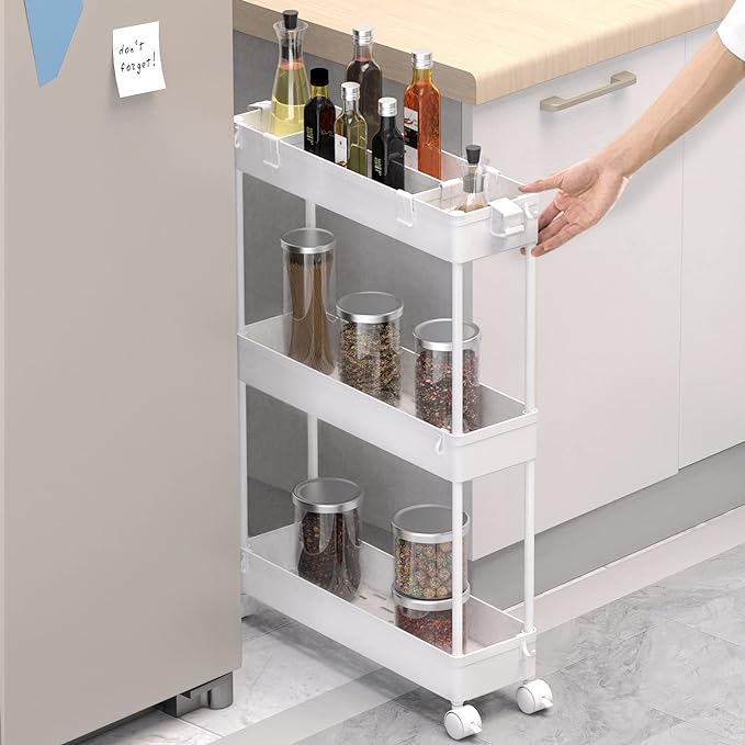 SPACELEAD Slim Storage Cart 3 Tier,Bathroom Organizer Rolling Utility, Mobile Shelving Unit Slide Out for Office, Kitchen, Laundry Room & Narrow Places,White