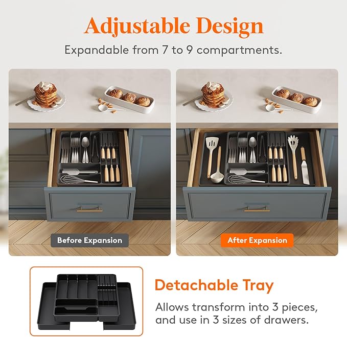 Lifewit Silverware Organizer for Kitchen Drawers, Expandable Utensil Tray with Removable Knife Block, Adjustable Cutlery and Flatware Holder, Plastic Spoon Forks Holder Storage Divider, Black