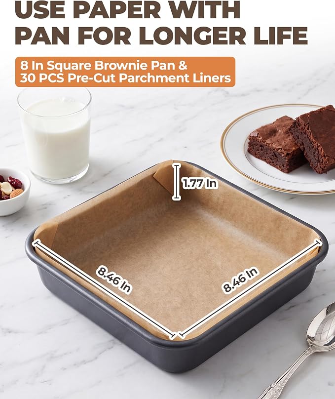Bake Choice 8 x 8 Inch Square Brownie Cake Pan With 30 Pre-Cut Parchment Liners, Carbon Steel Non-Stick Baking Pan for Baking Toast Cakes Banana Breads, Homemade Dessert Bakeware