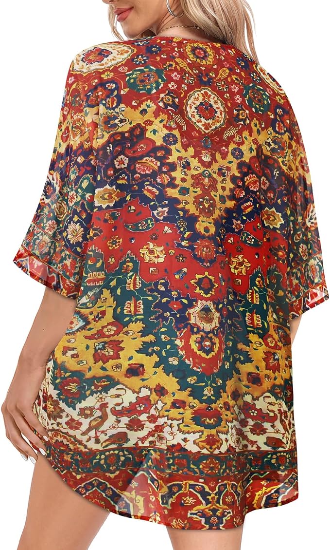 Women Kimono Cardigans Summer Cover Up Hawaiian Shirts Floral Print Tops | ROSEMIA chiffon kimono open front cardigans, beach cover ups, daily casual tops, cruise outfits, summer resort wear