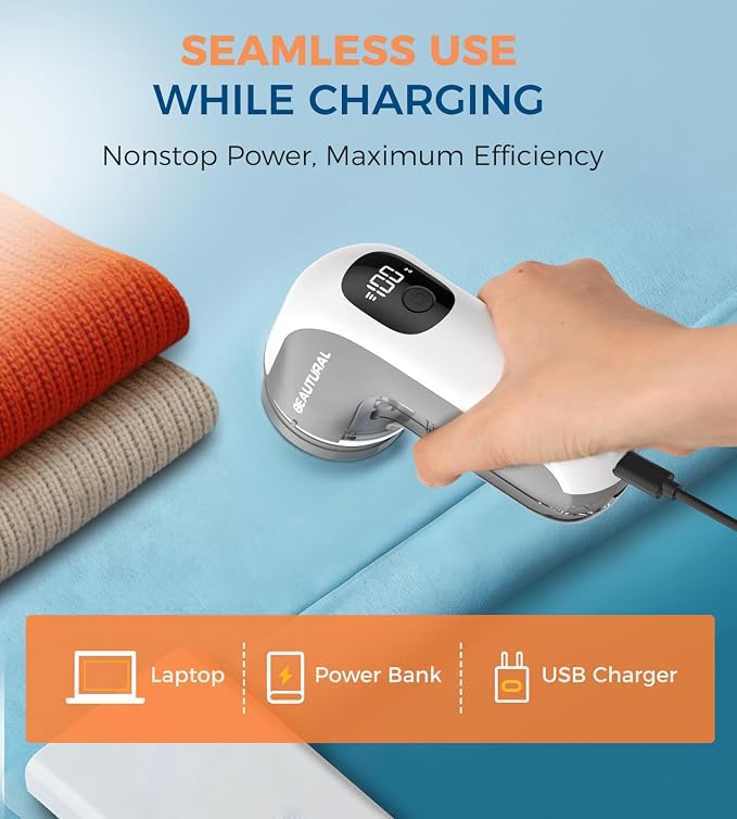 BEAUTURAL Fabric Shaver and Lint Remover, Portable Sweater Defuzzer | Rechargeable, 3 Speeds, 6 Leaf Blades, Digital LED Display, Remove Pilling for Clothes, Furniture, Couch, Blanket