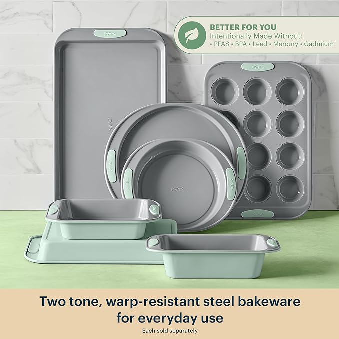 Pyrex 3-Piece Metal Cookie & Muffin Sheet Bakeware Set, Lightweight Stainless Steel Baking Trays with Heatsafe Silicone Handles, Cookie Muffin Sheet Baking Pan, Sage