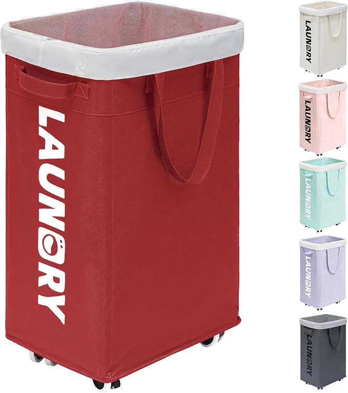 Goodpick 75L Collapsible Laundry Baskets with Removable Wash Bag and Wheels | Laundry Basket with Wheels, Rolling Laundry Hamper with Handle for College Dorm, Laundry Hamper on Wheels, Red