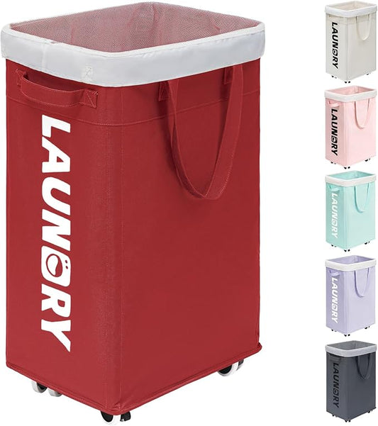 Goodpick 75L Collapsible Laundry Baskets with Removable Wash Bag and Wheels | Laundry Basket with Wheels, Rolling Laundry Hamper with Handle for College Dorm, Laundry Hamper on Wheels, Red