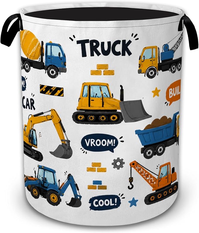 Construction Truck Large Laundry Hamper, Collapsible Oxford Clothes Basket with Handles, Freestanding Dirty Clothes Organizer for Bedroom Bathroom Dorm Laundry Room, 16 x 20.8 Inch