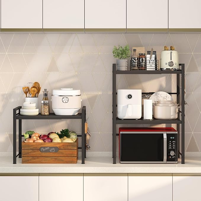 DOLALIKE Microwave Oven Rack, Expandable Microwave Stand Countertop Kitchen Utensils Tableware Storage, Carbon Steel Over Microwave Shelf Countertop with 3 Hooks | Adjustable Microwave Oven Rack Metal Storage Shelf with 3 Hooks for Pans Small Appliance...