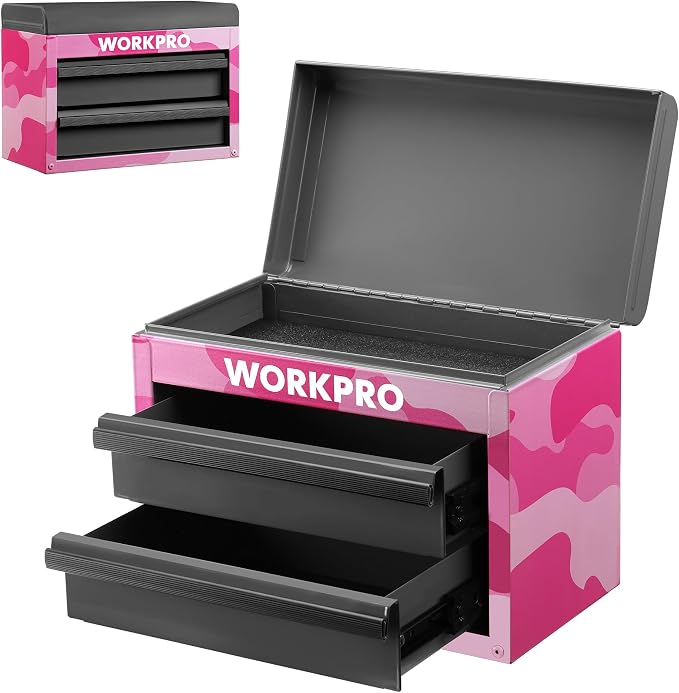 WORKPRO Metal Mini Tool Box with 2 Drawers and Top Storage | Cold Rolled Steel Toolbox, Ball Bearing Slides, PVC Drawer Liners, PP Feet Pads, Durable Storage
