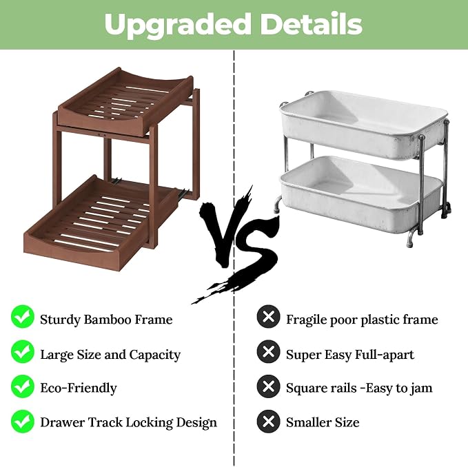 Bamboo Under Sink Organizer and Storage, 2 Pack Pull Out Cabinet Organization, 2 Tier Vertical Slide Out Undersink Storage Shelf, Multi-Purpose Organizer Shelves for Kitchen Bathroom Medicine