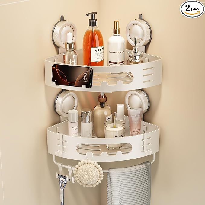 Voldra Corner Shower Caddy Suction Cup, Aluminum Corner Shower Shelves for Wall No Drilling, Large Suction Cup Shower Organizer with Towel Bar & Hooks Removable Bathroom Storage(2 Pack-Cream White)