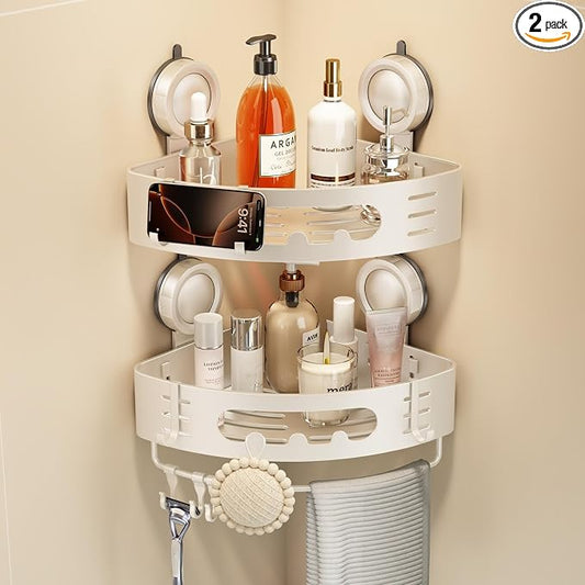 Voldra Corner Shower Caddy Suction Cup, Aluminum Corner Shower Shelves for Wall No Drilling, Large Suction Cup Shower Organizer with Towel Bar & Hooks Removable Bathroom Storage(2 Pack-Cream White)
