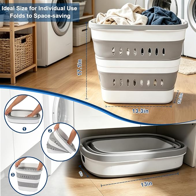 46L/12 Gal Collapsible Laundry Baskets, Foldable Hamper with Handles, Plastic Pop Up Storage Container for Laundry, Home, Dorm, Travel - Gray/White, Set of 2