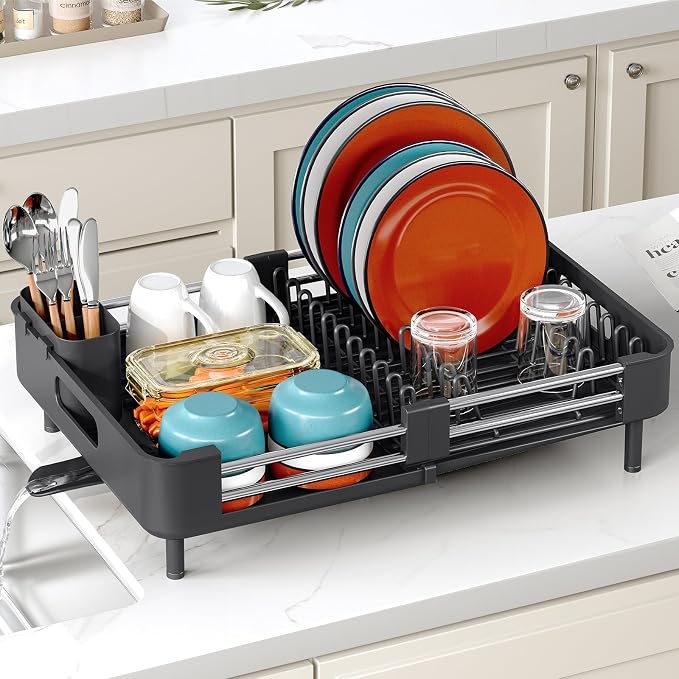 TOOLF Dish Drying Rack Expandable Drainer w/Cutlery & Cup Holder, Black | Stainless Steel &PP, Extenable 12.6" to 18.7"D, Anti-Rust, Auto-Drainage, Space-Saving, Fit for Various Sink Countertops