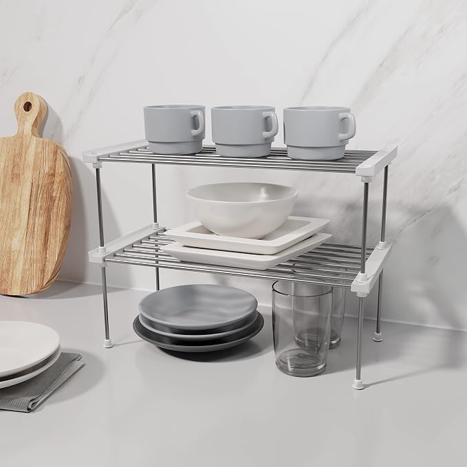 carrotez Set of 2 Stackable Cabinet Organizer Shelf 15.7 x 7.8 x 6.1 White | Kitchen Counter Shelves, Kitchen Cabinet Organizers and Storage, Pantry Storage Shelf Organizer