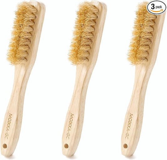 3Pcs Small Wood Laundry Stain Brush Set with Boar Bristles, Stain Remover for Delicates, Cotton, Linens and Shoes, Portable Laundry Scrub Brushes for Fresh Clean Fabric