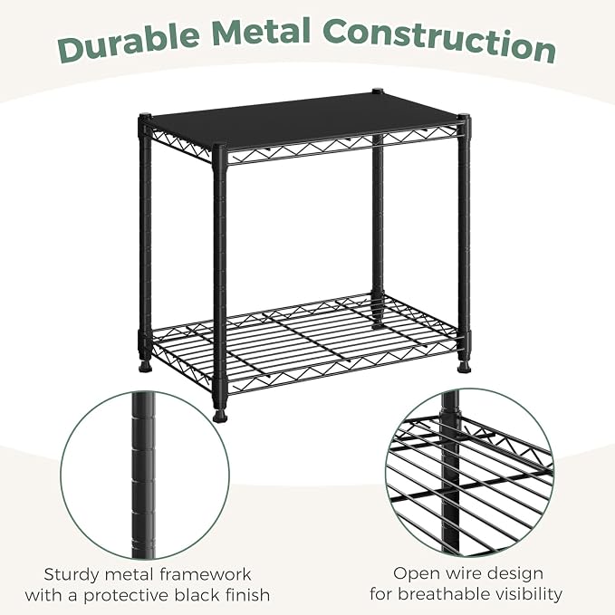 NEWBULIG 2-Tier Metal Wire Storage Shelves, Adjustable Heavy Duty Steel Shelving Unit, Freestanding Storage Rack Organizer for Kitchen, Pantry, Garage, Bathroom, 23.2" W x 13.4" D x 21.7" H, Black