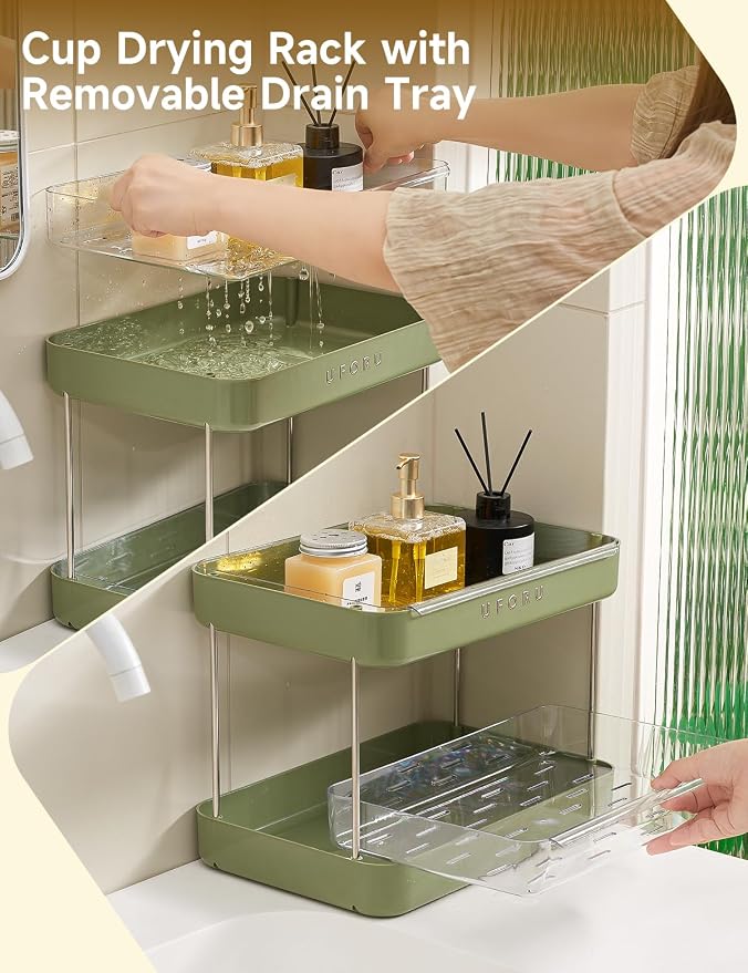 UFORU Countertop Coffee Station Organizer,Cup Rack,Mug & Wine Glass Holder | 2-Tier Green Mug Shelf with Removable Drain Tray,Bathroom Countertop Organizer,Spice Rack for Kitchen