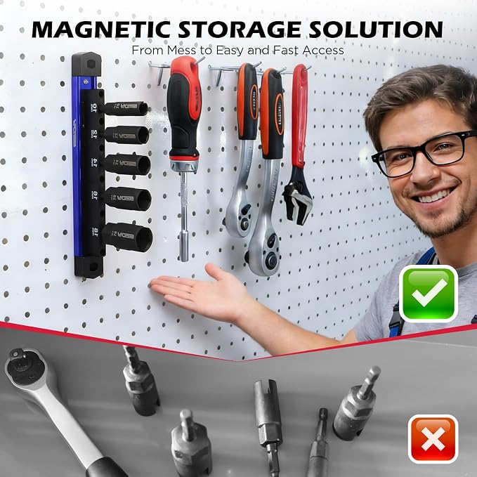 5-Piece Wing Nut Driver Set (10mm,12mm,14mm,16mm,18mm) with Magnetic Aluminum Storage Rail, 1/4" Hex Shank Wing Nut Driver Bit Set, Metric Wing Nut socket Set for Wing Nut, Eye Bolt, Wire Twisting