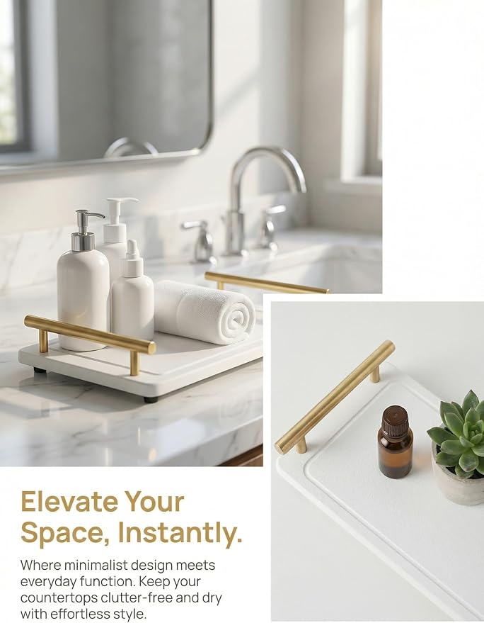 Instant Dry Sink Caddy Organizer,Diatomaceous Earth Bathroom Organizer with Handle Water Absorbing Stone Tray for Sink Water Absorbent Diatomite Coasters (S White Gold Handle)