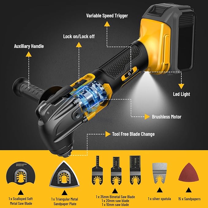 Cordless Oscillating Multi Tool 20V Brushless,Compatible with Dewalt Battery(Tool Only),6 Variable Speed 21000 OPM,Quick Blade Change,Oscillating Power Tools for Wood, Metal, Drywall Cutting