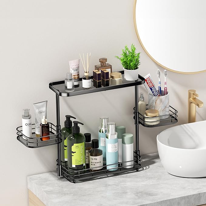 VITVITI 3 Tier Bathroom Organizer Countertop, Metal Wire Bathroom Counter Vanity Organizer Storage, Mesh Bath Room Sink Kitchen Shelf Rack with 360 Rotating Basket, Black