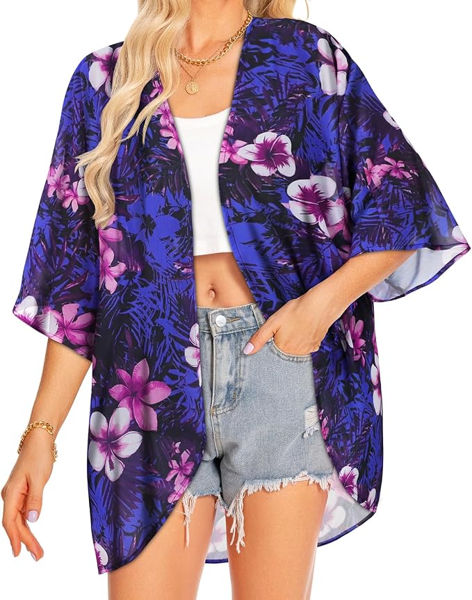 Women Kimono Cardigans Summer Cover Up Hawaiian Shirts Floral Print Tops | ROSEMIA chiffon kimono open front cardigans, beach cover ups, daily casual tops, cruise outfits, summer resort wear