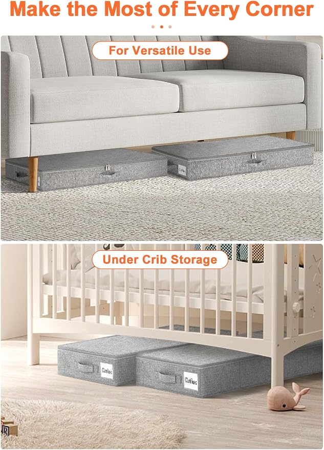 punemi 5 inch High Sturdy Low Profile Under Bed Storage, 2 Pack, Grey | Shallow Storage Bin with Sturdy Sides & Bottom, Ideal for Clothes, Blankets & Toys, Fits Under Cribs, Sofas & Dorm Beds