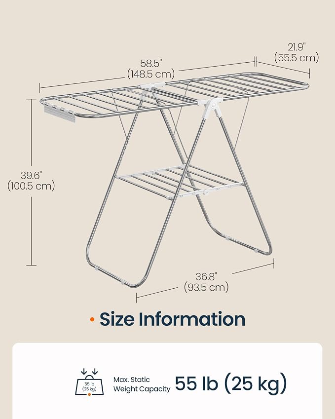 SONGMICS HOME Clothes Drying Rack with Wings, Foldable Laundry Rack with Sock Clips, Drying Clothes, Adjustable Height Airer for Indoor Outdoor Use, Silver and White