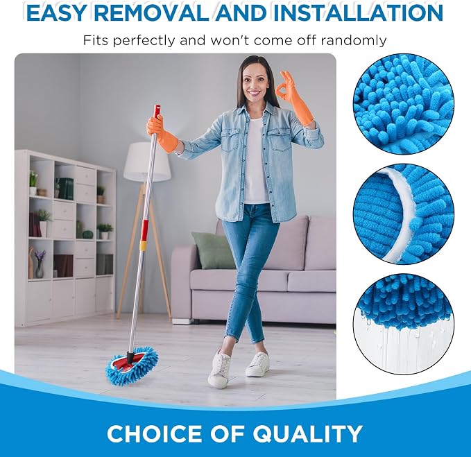 3 Pack Chenille Mop Heads Replacements Compatible with 1 Tank System Chenille Duster Replacement Heads Microfiber Spin Mop Refill Pads Reusable Dust Refills for Floor Cleaning (Blue)