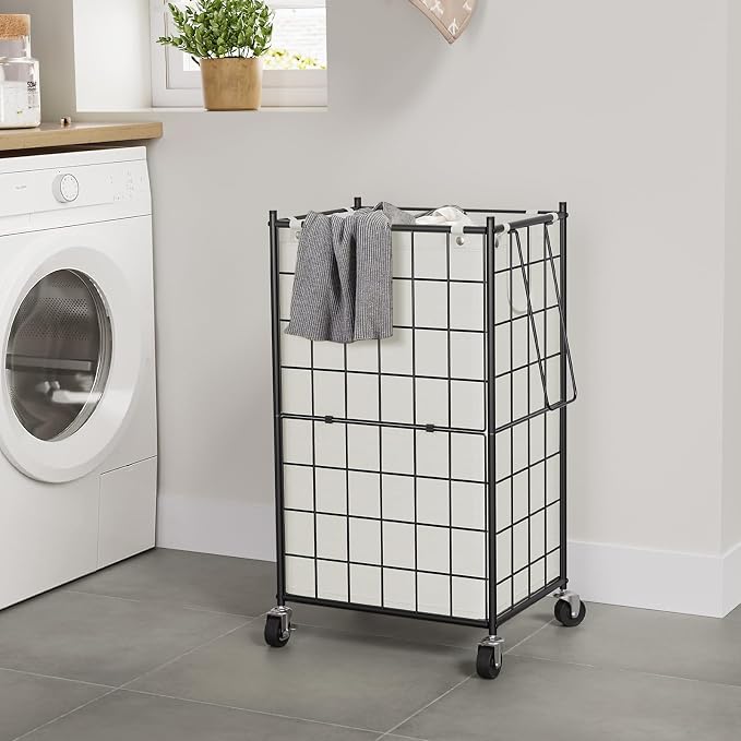 WOWLIVE Rolling Laundry Basket, Metal Wire Frame Laundry Hamper with Wheels | Hamper with Removable Bag, 100L Dirty Clothes Hamper Organizer Dorm Room Storage for Bedroom, Bathroom, Black and White